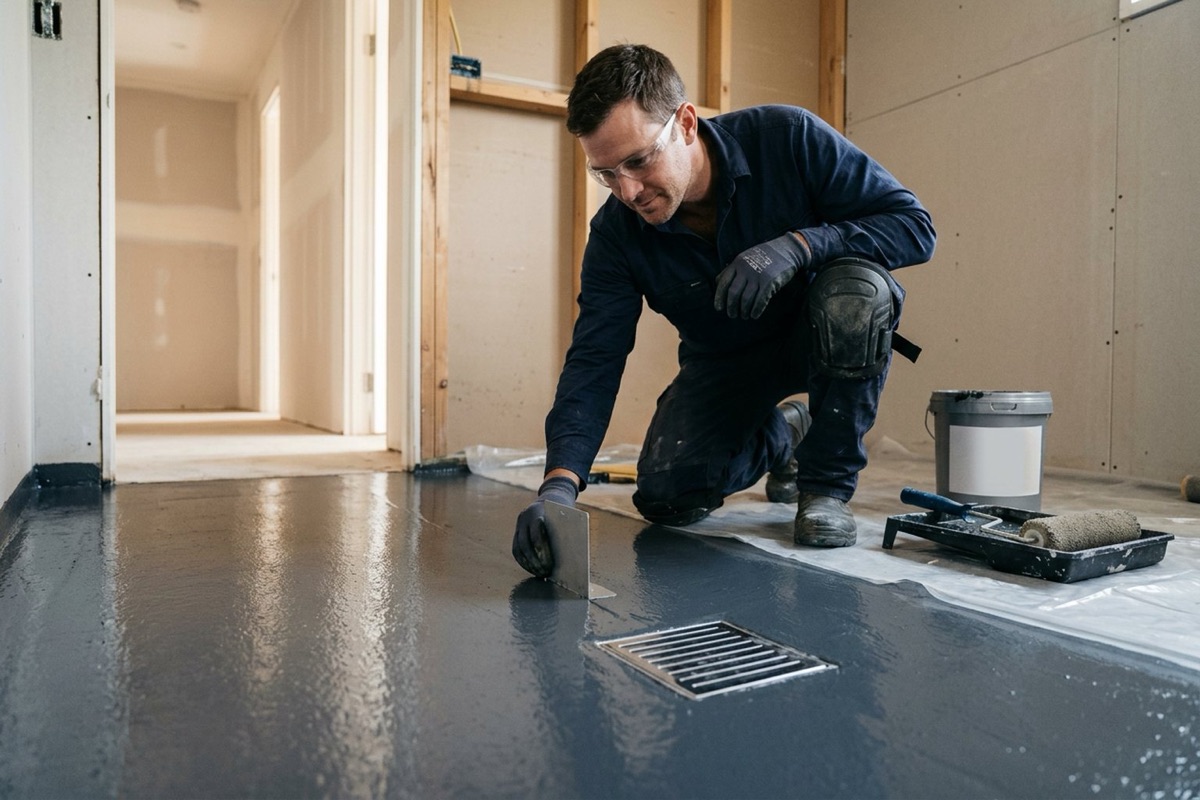 A waterproofer checking membrane thickness with a wet film gauge on a bathroom floor