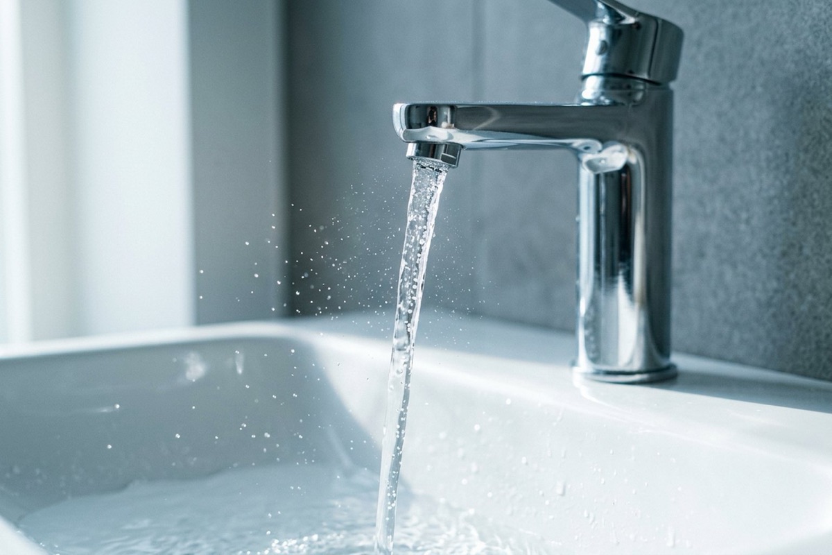 A close detail of water running from a chrome basin mixer into a white ceramic basin in soft morning light