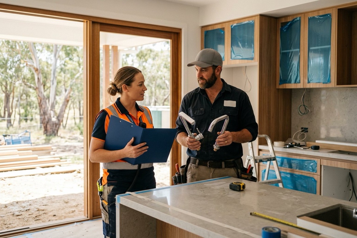 A builder and a plumbing contractor comparing two unbranded tapware samples at a bench in a display home under construction