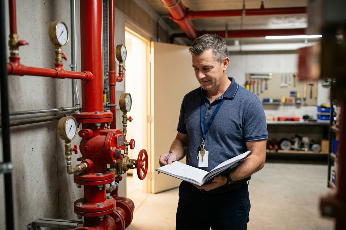 A building manager reviewing a fire protection logbook beside a sprinkler valve set