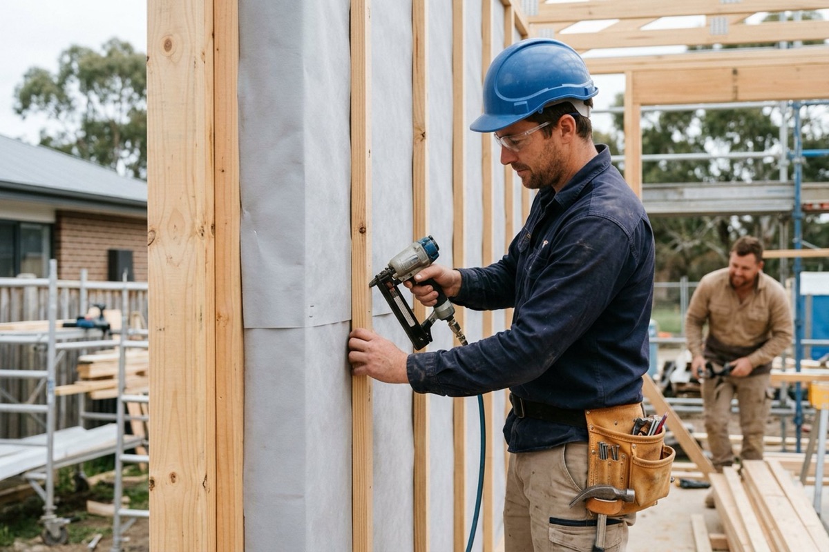 A builder fixing plain wall wrap and cavity battens over timber framing before cladding