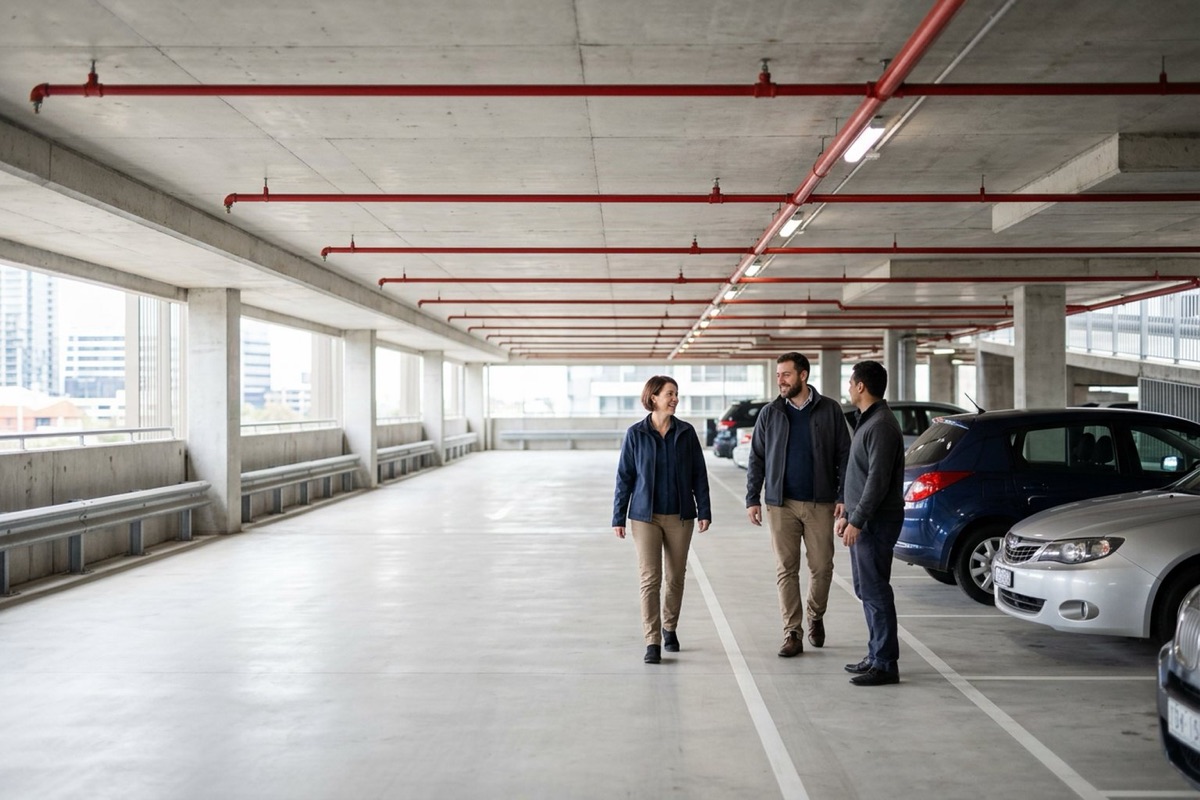 Fire sprinkler pipework on the ceiling of an open-deck carpark