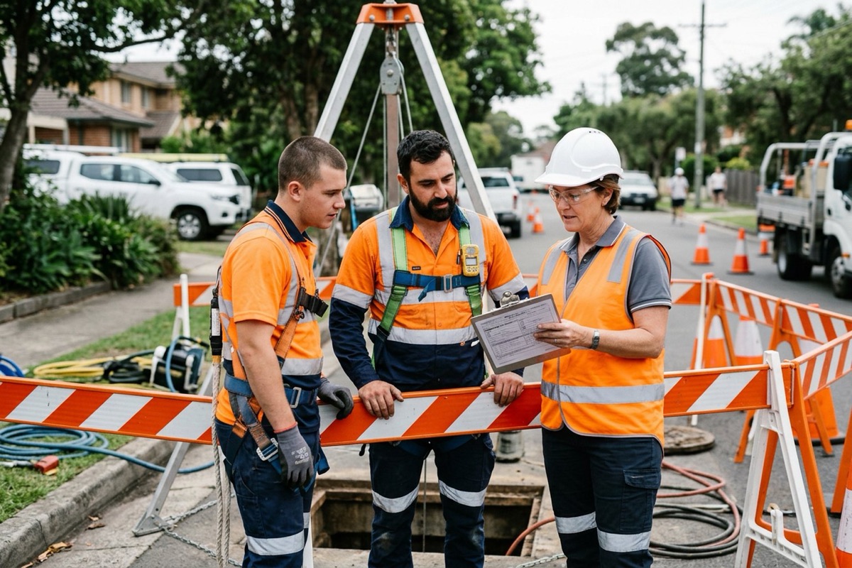 A supervisor checking a written confined space entry permit with two workers beside a barricaded pit