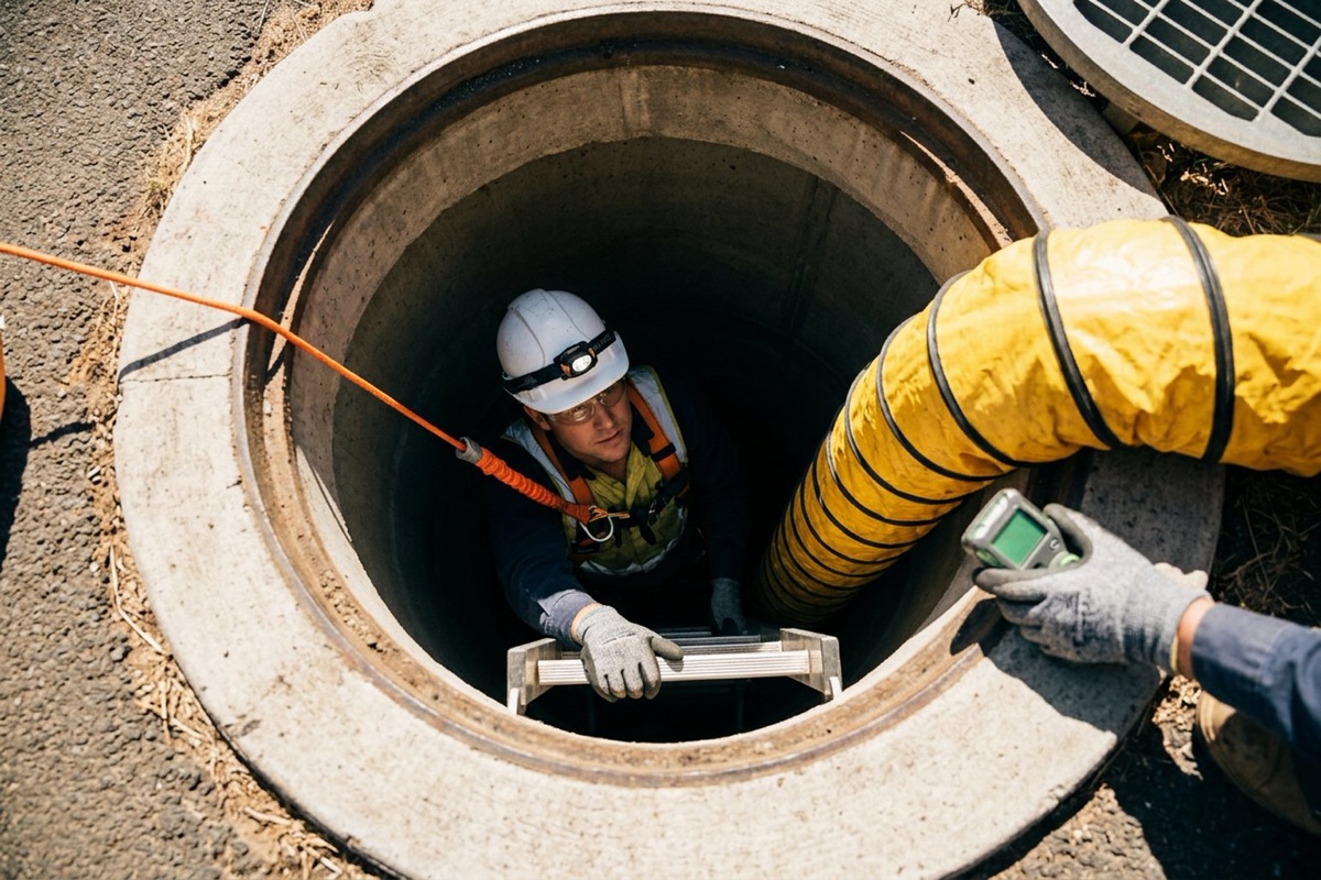 A worker in a full harness attached to a tripod retrieval winch, with a standby person and portable gas detector at the opening