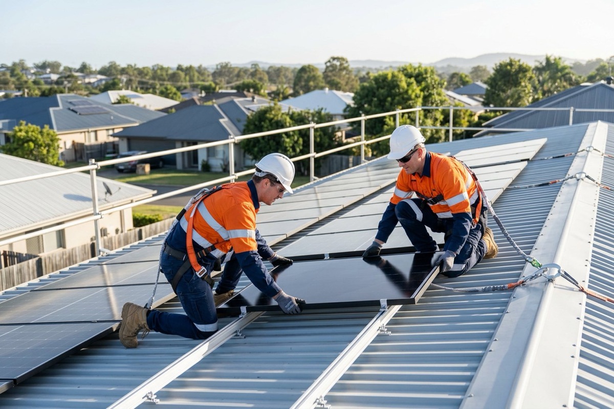 A builder in a hard hat and harness installing rooftop solar panels on a new home, connected to a roof anchor