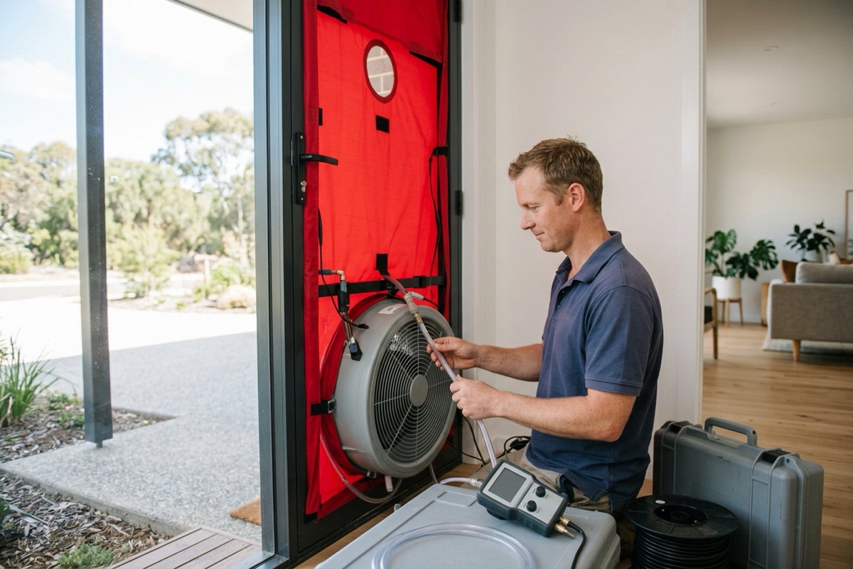 An energy assessor running a blower door airtightness test at the front door of a new home