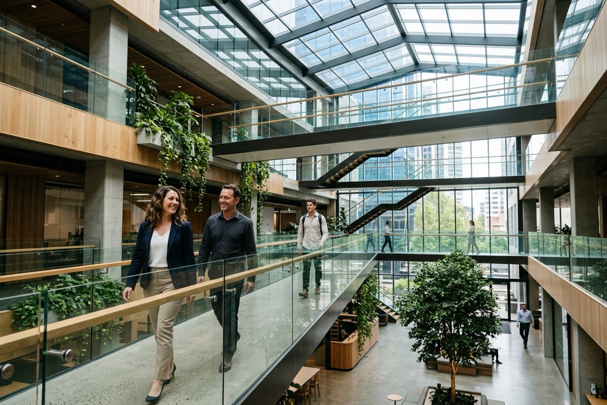 A multi-level atrium in a commercial building