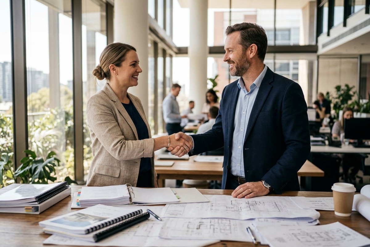 An engineer and building surveyor agreeing a design brief
