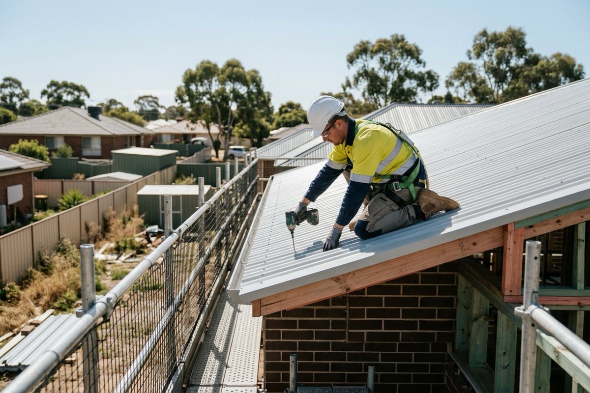 A roofer working behind roof-edge guardrails on a single-storey house