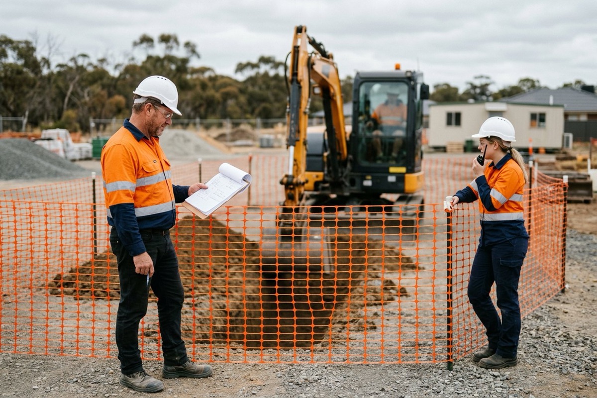 A supervisor checking an excavator exclusion zone against the SWMS