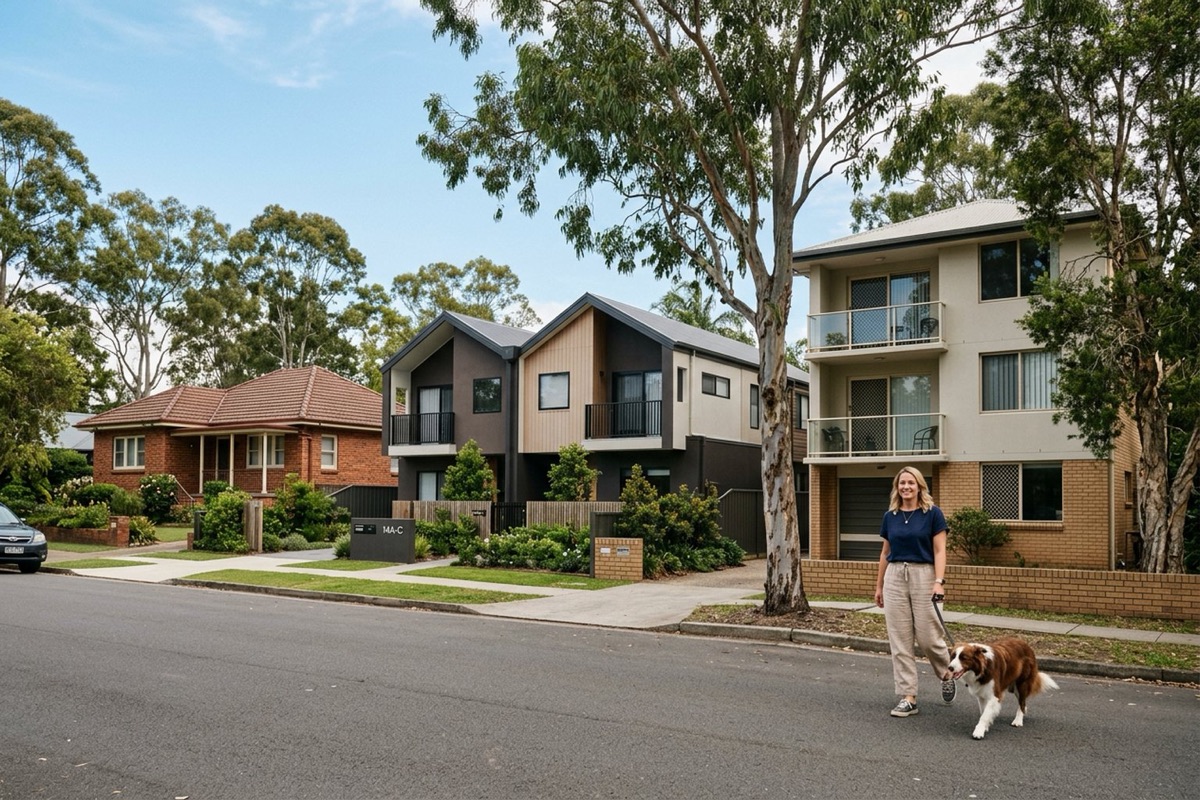 A detached house, townhouses and a small apartment building side by side on an Australian street