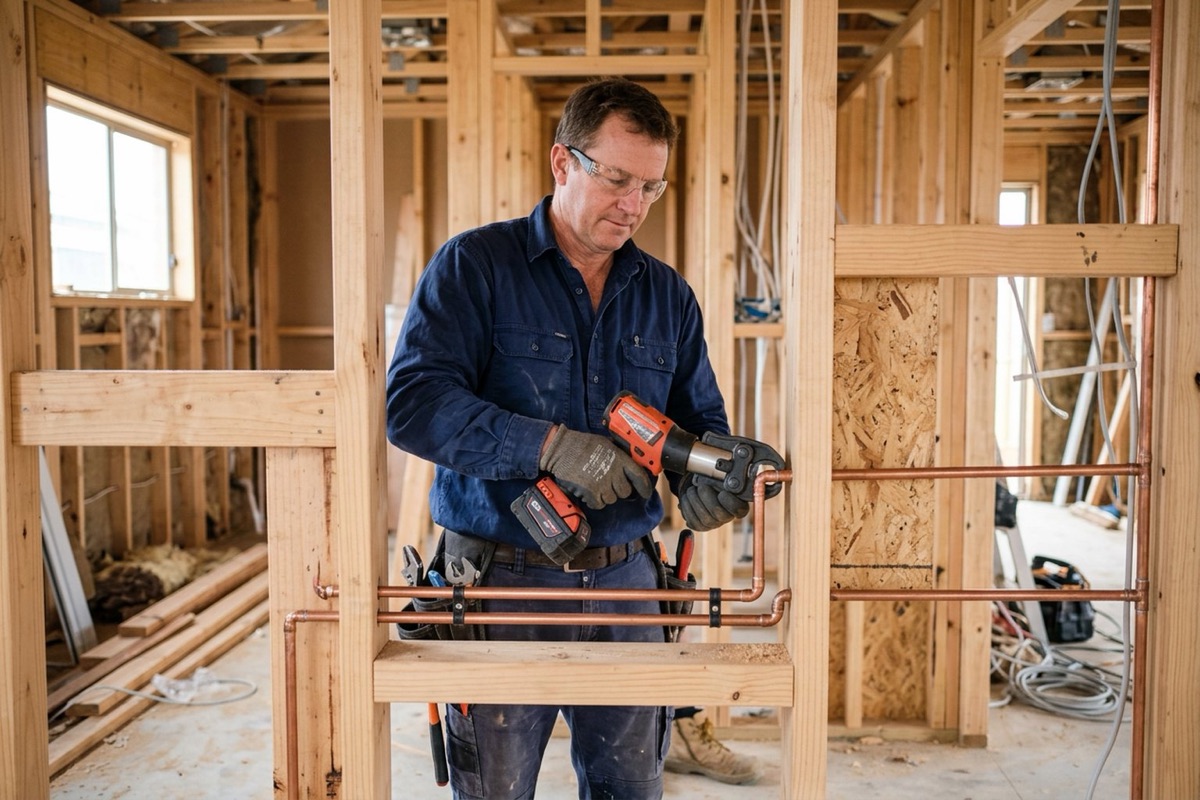 A plumber installing copper pipework in the framed wall of a new house