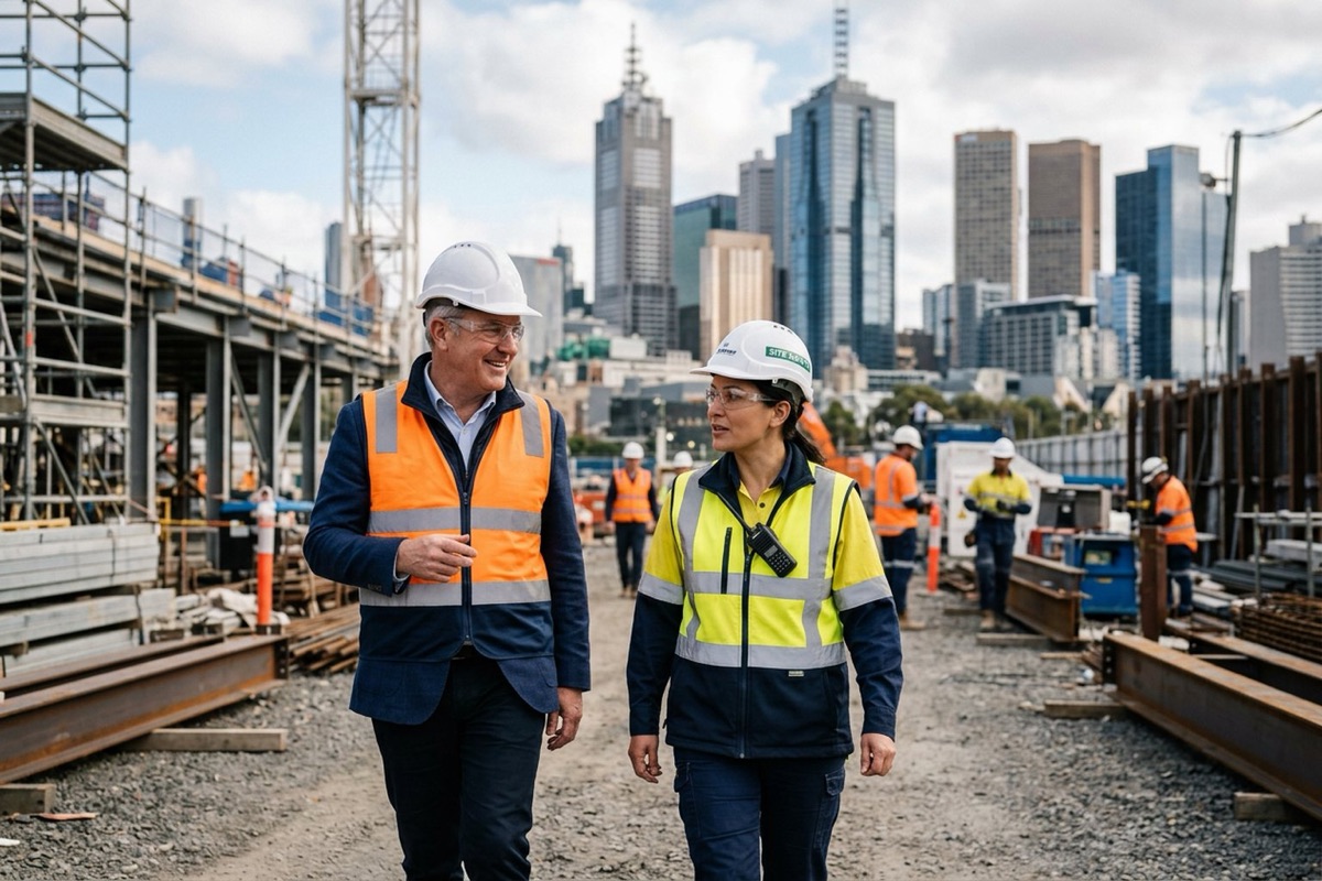 A company director walking a construction site with the site safety manager