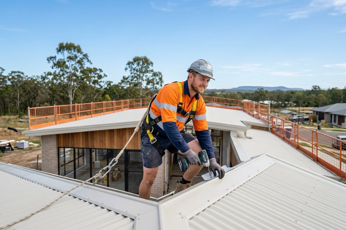A roofer working at height behind edge protection and wearing a harness