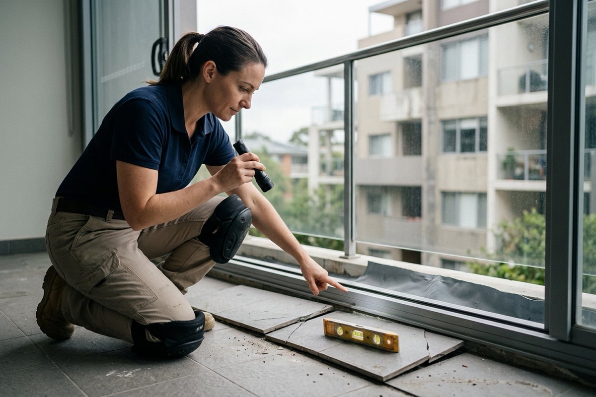 A waterproofing inspector examining the junction between a sliding door sill and balcony tiles