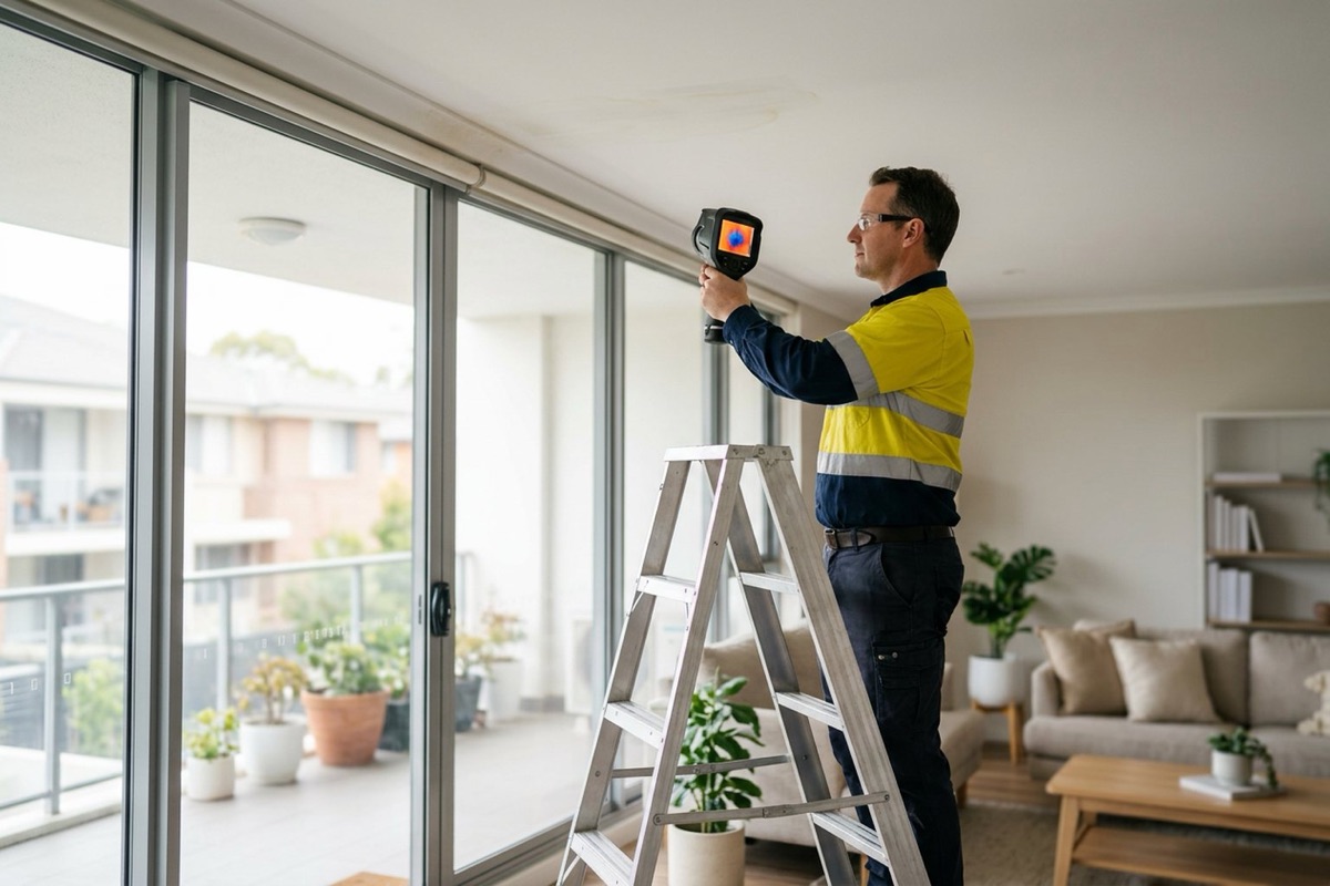 A technician using a thermal imaging camera to check a ceiling below a leaking balcony