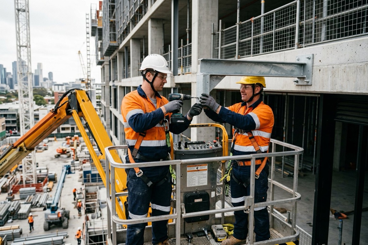 Two workers in an elevating work platform basket, each wearing a harness clipped to the basket anchor