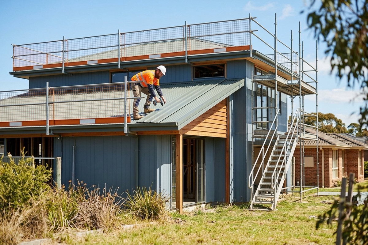 A roof edge protection system installed around the full perimeter of a house under construction