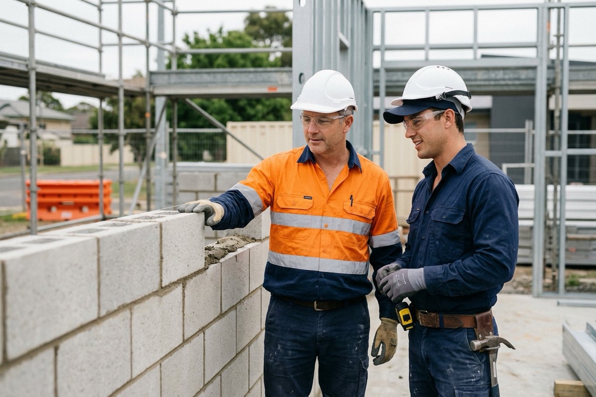 A site supervisor giving calm one-on-one feedback to a tradesperson beside a partly built wall