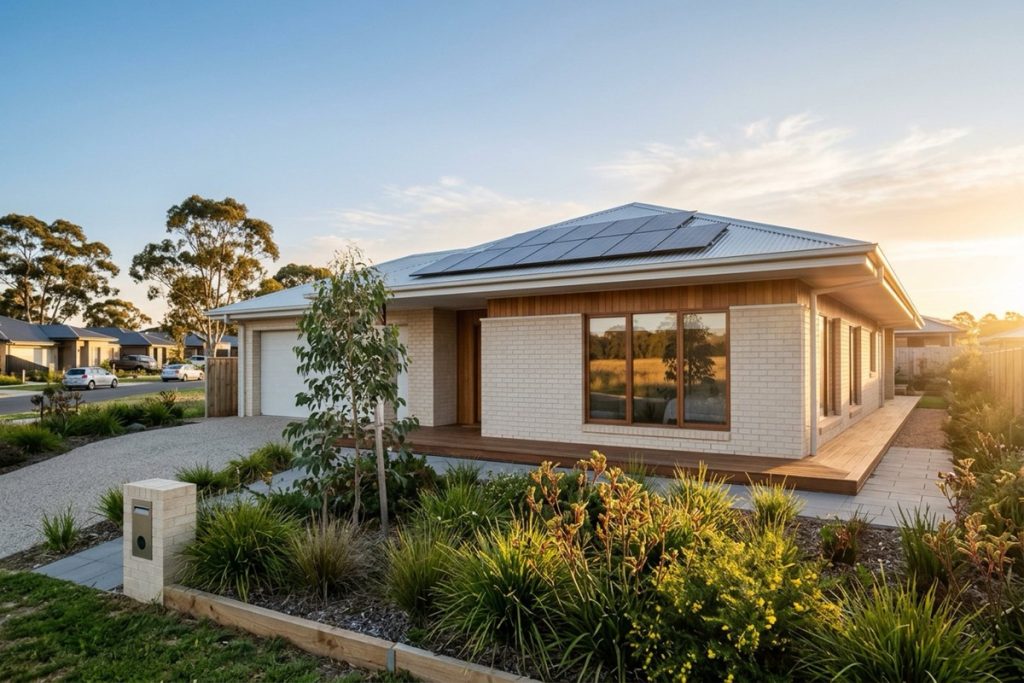 A light-filled new Australian home with deep eaves and rooftop solar panels at golden hour