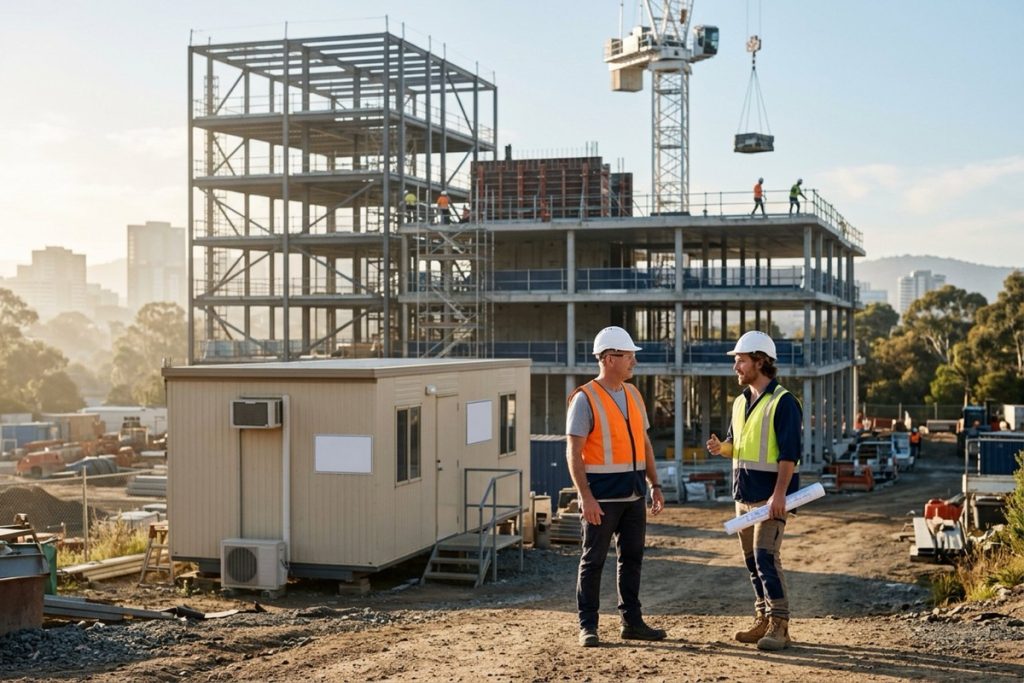 A site supervisor and a worker talking calmly beside a site office on a commercial building project in morning light