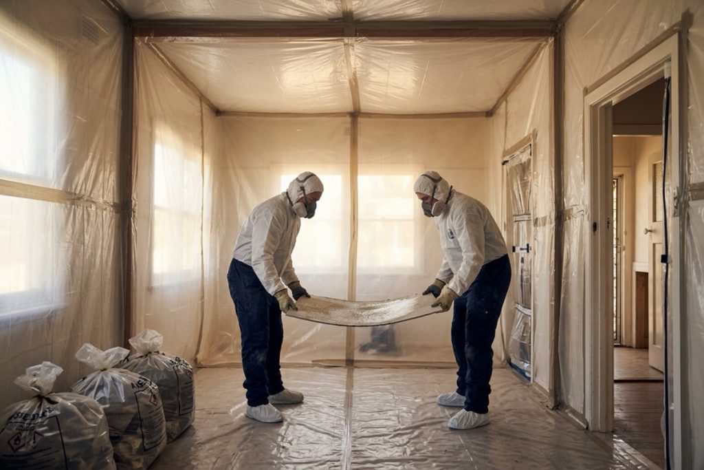 A licensed asbestos removal crew in disposable coveralls and respirators working inside a plastic-sheeted enclosure in an older house