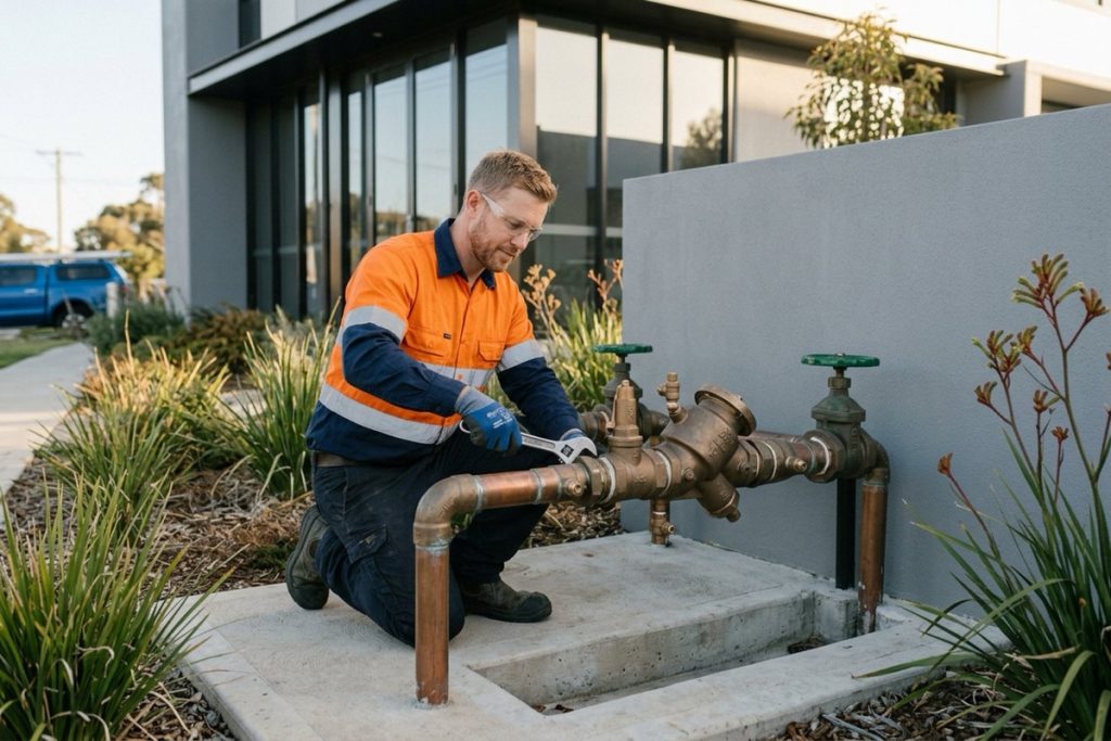 A licensed plumber testing a reduced pressure zone backflow device at a commercial property water meter