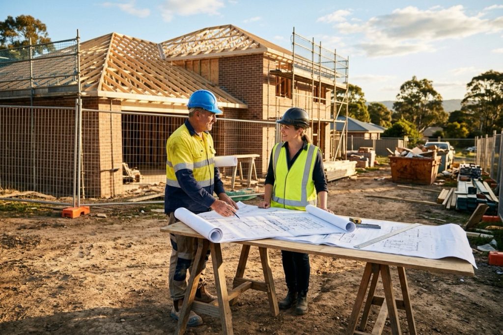 A NSW builder and building designer reviewing plans together on the site of a new brick and timber home