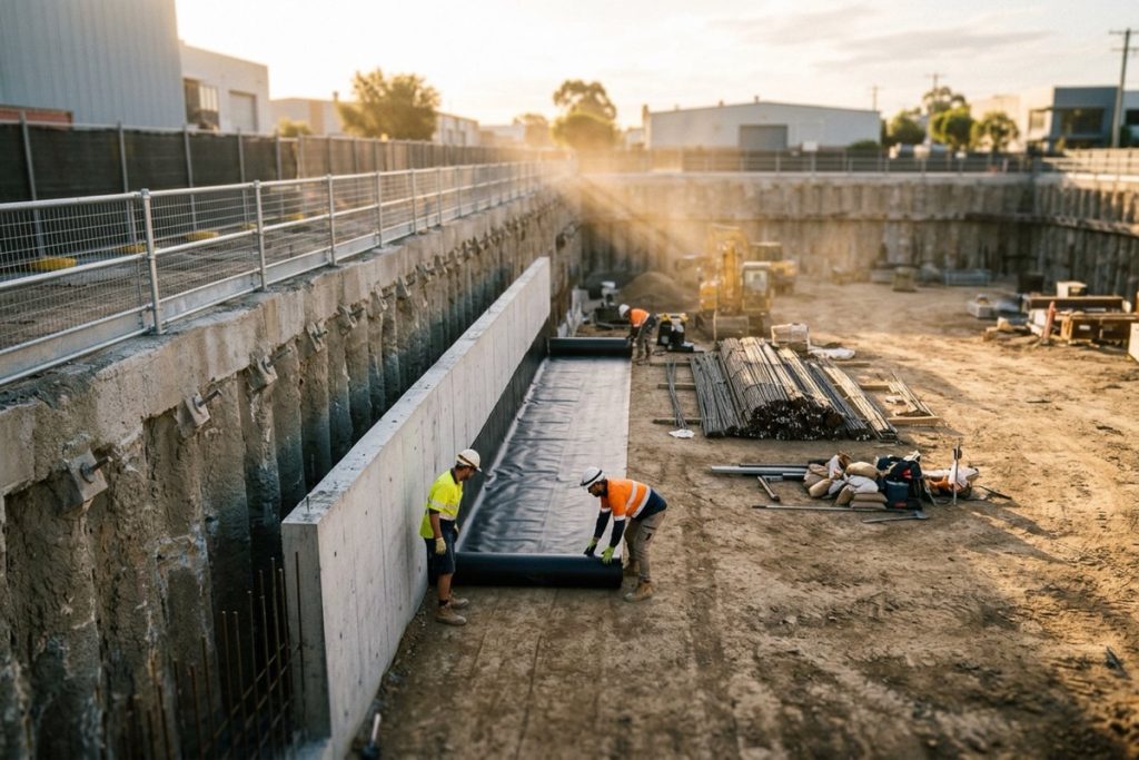 A basement excavation with a sheet membrane being installed against a retaining wall