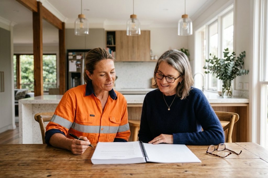 A builder and a home owner sitting at a kitchen table in a renovated Australian home, reading through a thick contract together in soft morning light