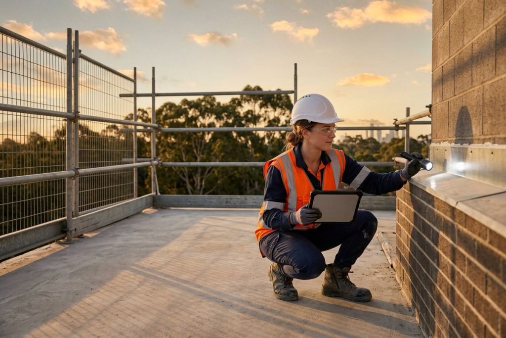 A building surveyor with a torch and tablet inspecting a concrete slab edge and brickwork on a new apartment building site