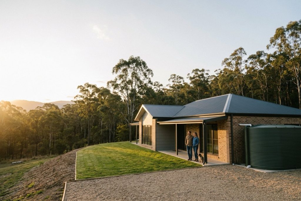 A new brick and steel-clad home on the edge of eucalypt bushland at golden hour