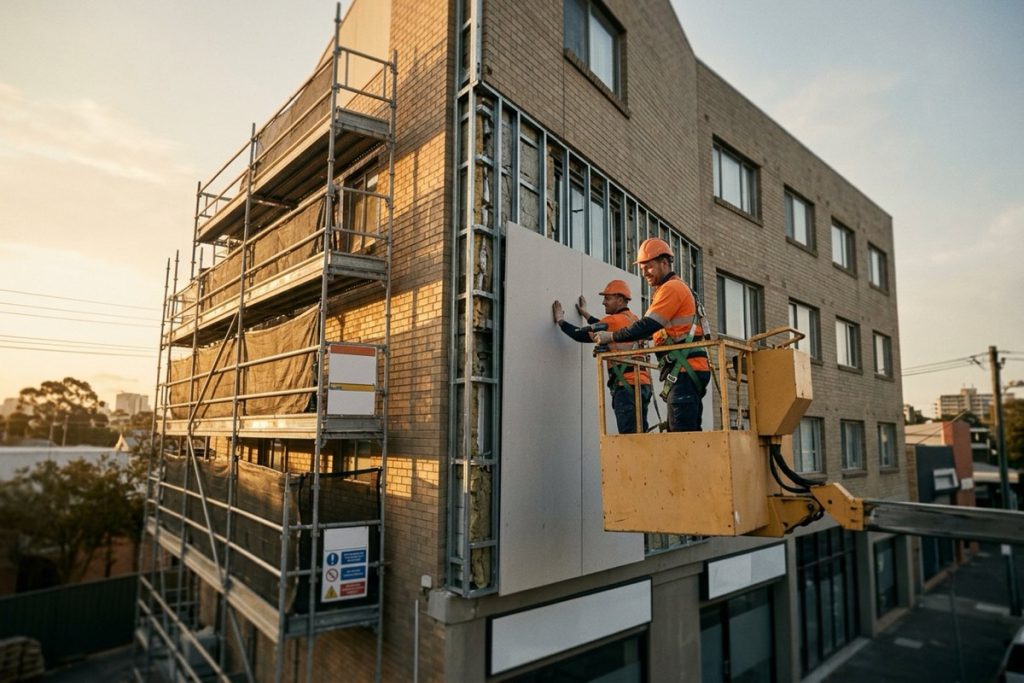 Workers in a guarded elevating work platform removing old cladding panels from a mid-rise apartment facade