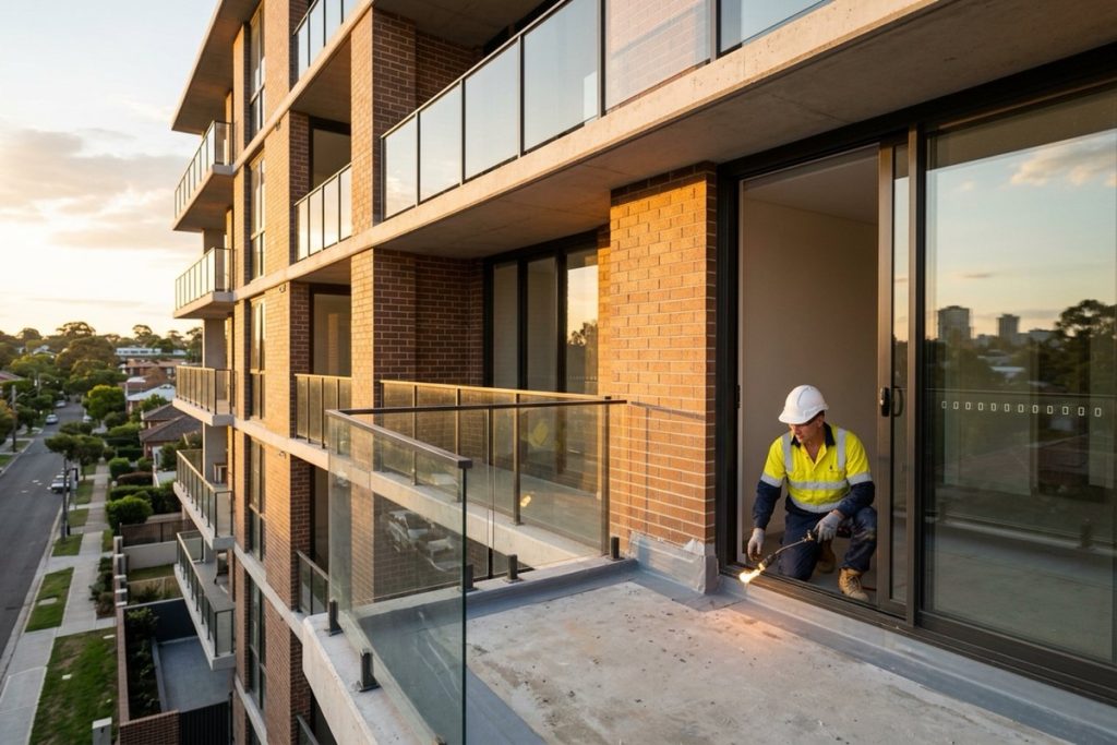 A building inspector kneeling on a new apartment balcony checking the membrane upturn at a sliding door threshold