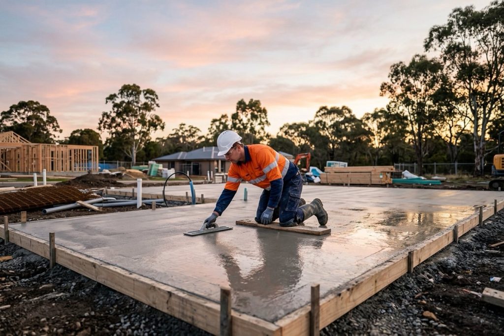 A concrete finisher in knee boards running a float across a freshly placed house slab under soft evening light