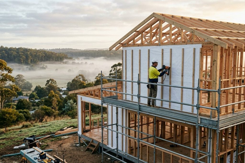 A builder fixing wall wrap and cavity battens to the timber frame of a new home on a cold, misty morning