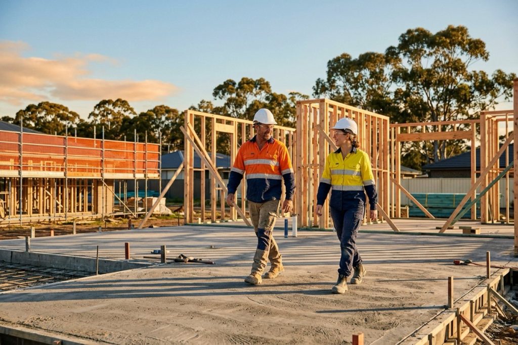 A builder and a site manager in hard hats and high-vis walking the slab of a part-built Australian home at golden hour, timber frames rising around them