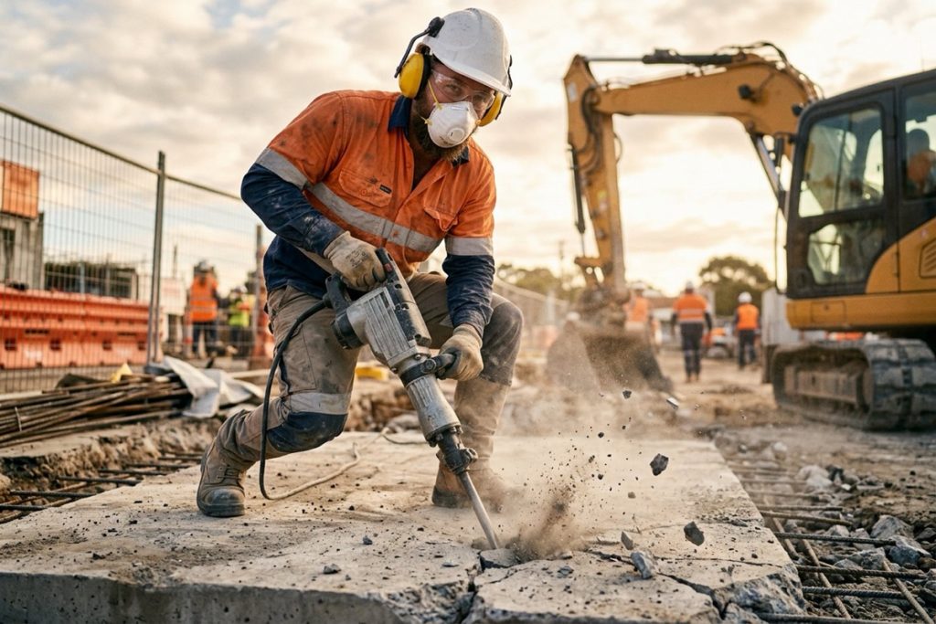 A construction worker wearing earmuffs and safety glasses operating a jackhammer on a concrete slab
