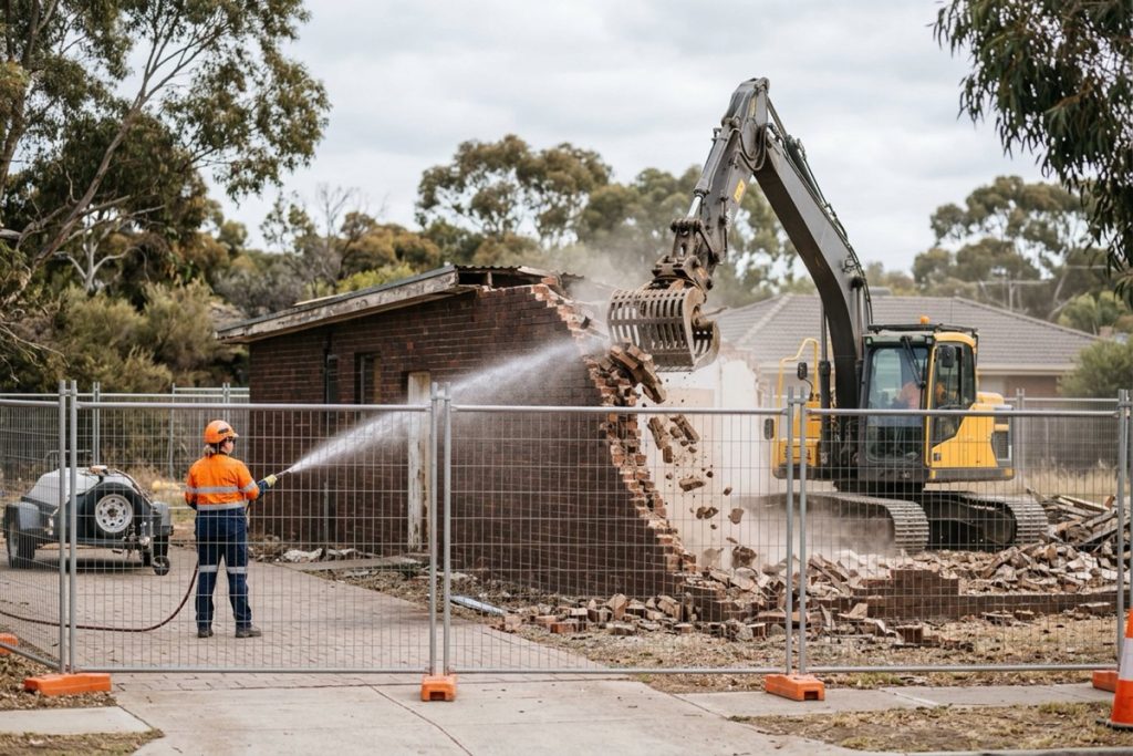 An excavator with a demolition attachment taking down a brick building behind barriers while water suppresses the dust