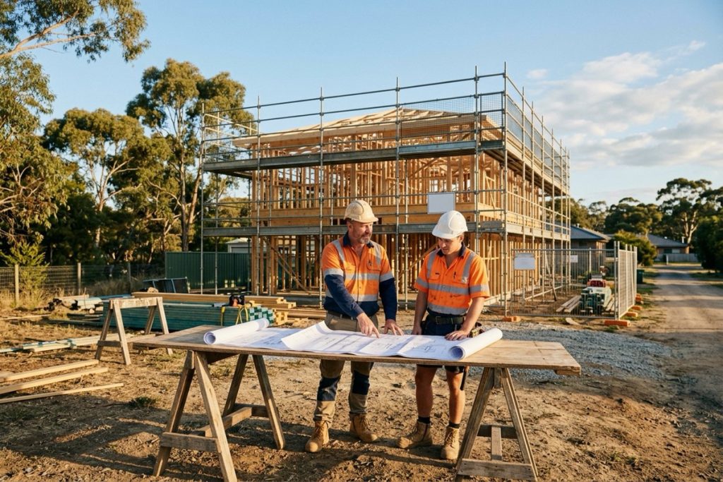 A builder and a subcontractor reviewing drawings together on a timber-framed house site in late afternoon light