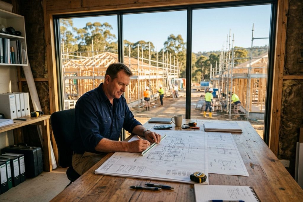 An estimator measuring quantities from large architectural drawings at a desk with a view over an Australian building site