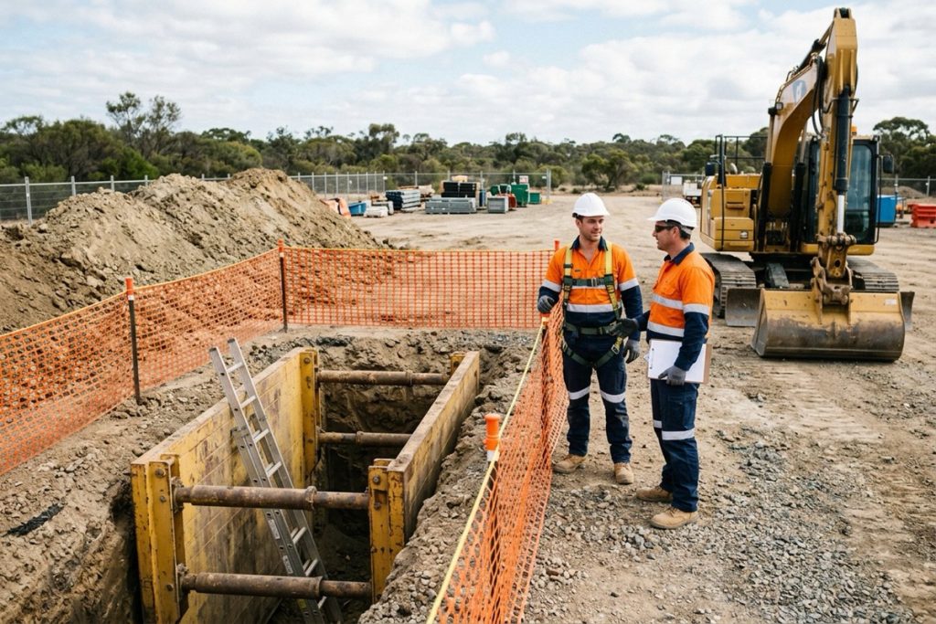 A trench protected by a steel trench shield with barrier mesh and ladder access on a civil construction site