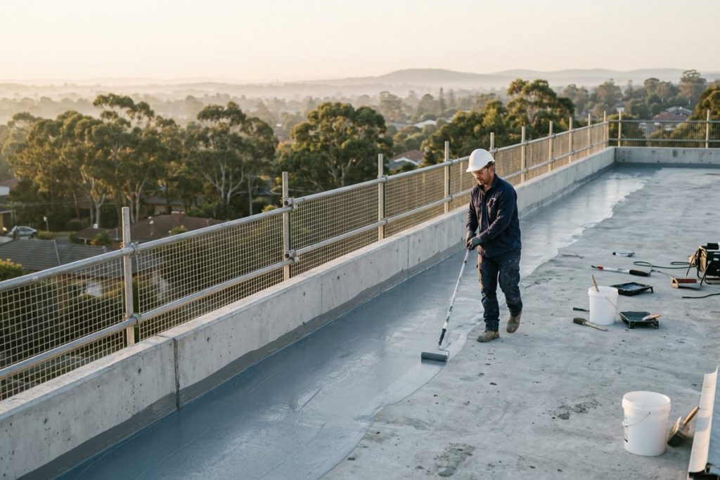 A waterproofer in a harness rolling liquid membrane across a concrete podium deck behind a perimeter guardrail at dawn