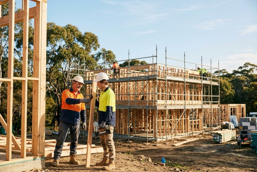 A site supervisor and an apprentice carpenter working together on a timber frame on a sunny Australian building site