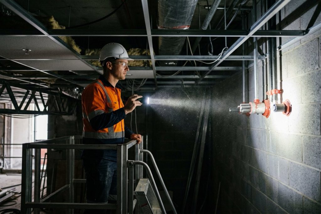 An inspector with a torch checking sealed service penetrations in a ceiling space