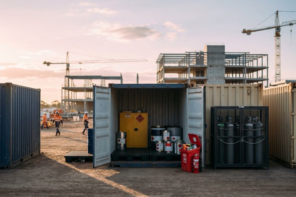 A site store on an Australian construction project with chemical containers in a bunded, ventilated cabinet and a spill kit beside it