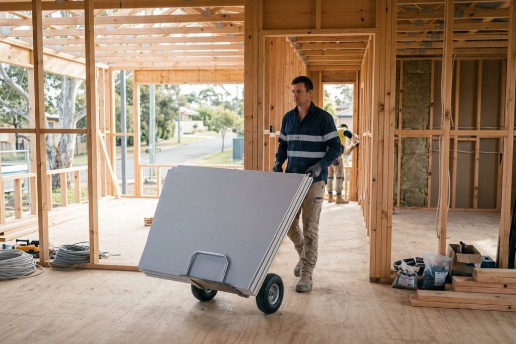 A construction worker moving plasterboard sheets on a sheet trolley through a house under construction
