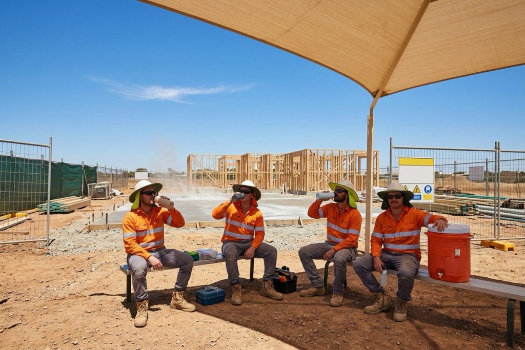 A construction crew taking a water break under a shade structure beside a concrete slab on a hot afternoon