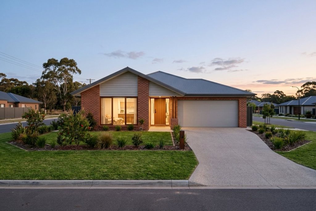 A newly completed brick-and-weatherboard Australian family home at dusk, warm light in the windows and fresh landscaping out the front