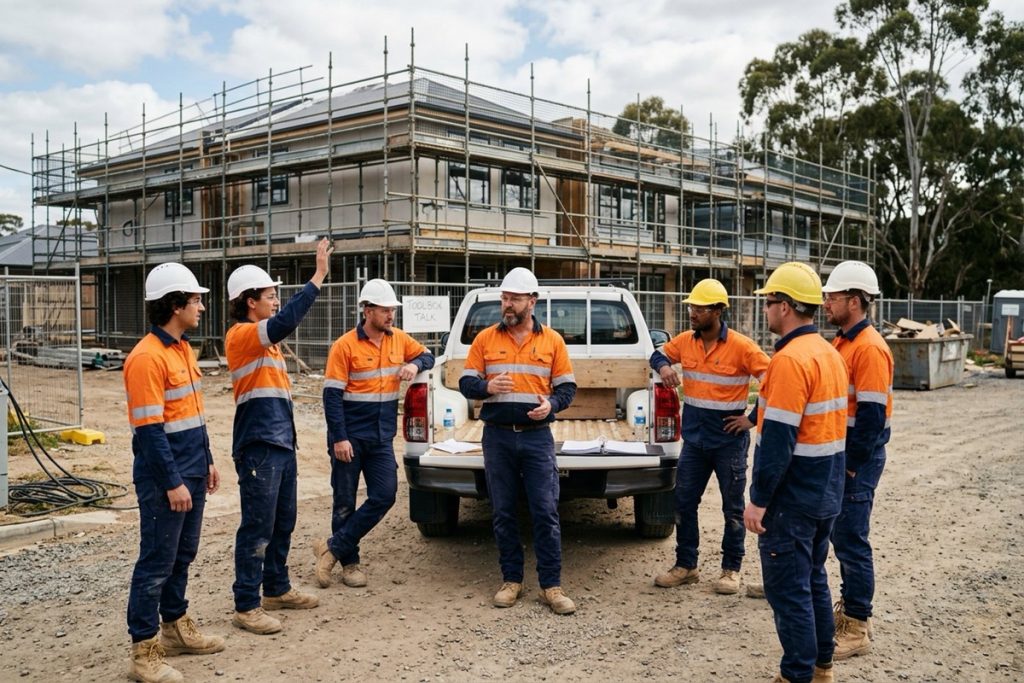 A leading hand running a toolbox talk for a small crew beside a work ute on a townhouse building site